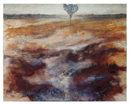 Silence is the Answer – peinture abstraite en tons terreux de Mia Moreaux, signée recto verso, 160 x 120 cm