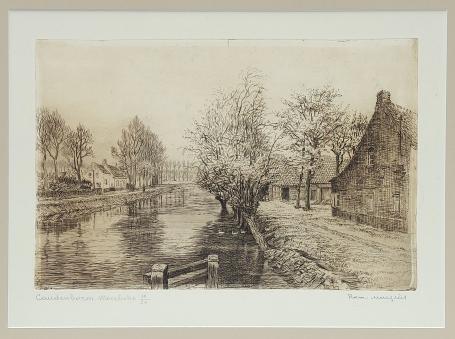 Belgische etser R. Malfliet met een grafisch kunstwerkje