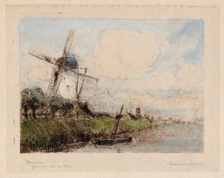 Maurice Seghers met een ets van Damme, de windmolen