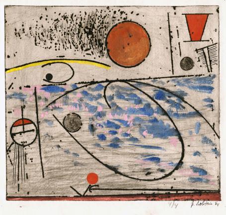 Pieter Holstein met grafisch kunstwerk uit 1964