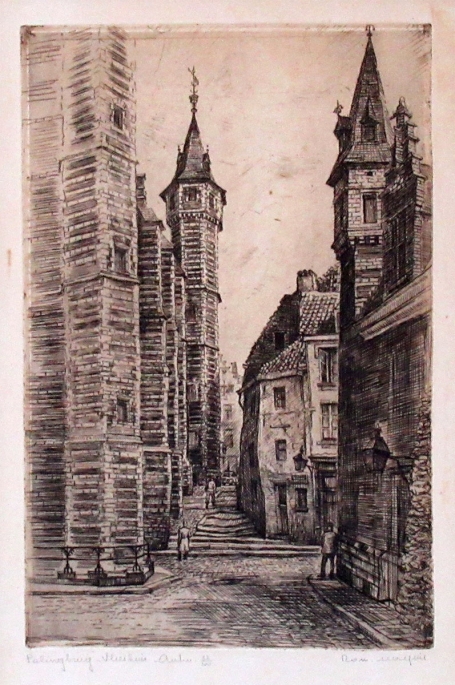 Belgische etser Romain Malfliet met een ets van Antwerpen