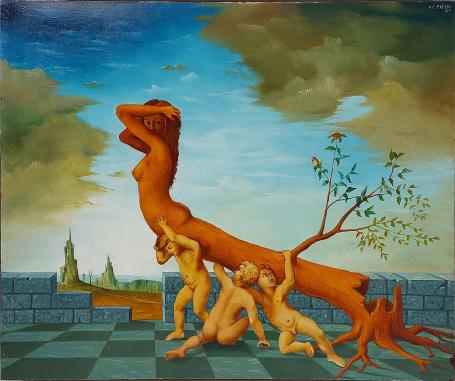 Surrealistisch schilderij van de Brusselse kunstenaar Carl Prévot