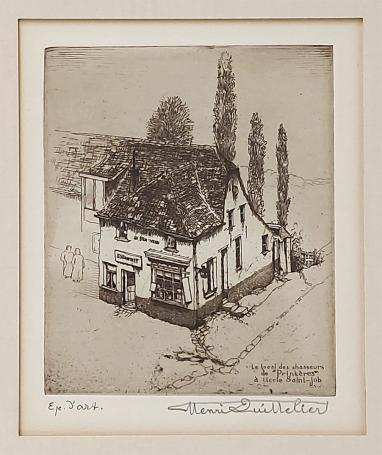 De Belgische kunstenaar Henri Quittelier met een ets van Ukkel