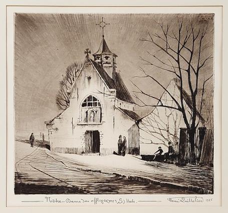 De Belgische kunstenaar Henri Quittelier met een kerk te Ukkel