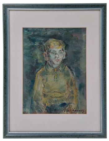 Jongetje met geel groen trui, René De Lannoy, ca. 1950. Expressief portret van een jongen in olieverf op papier.