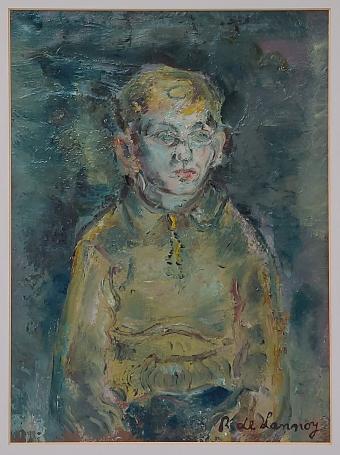Boy in green-yellow sweater, René De Lannoy, ca. 1950. Expressive portrait of a boy in oil on paper.