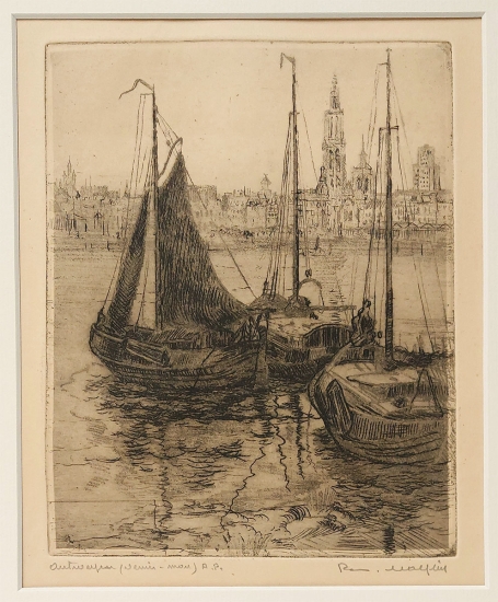 Belgische etser R. Malfliet met een Antwerpse ets