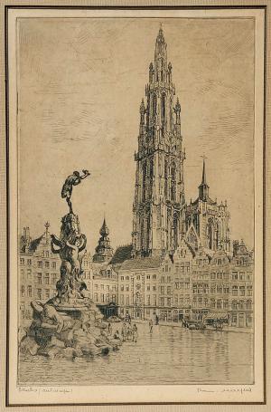 Belgische etser R. Malfliet met een Antwerpse ets