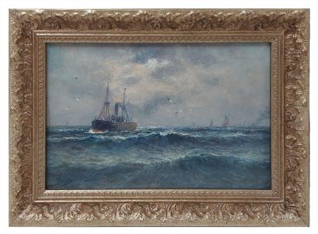 Schilderij van Romain Steppe met stoomboot en zeilschepen op woelige zee, Belgische kust.