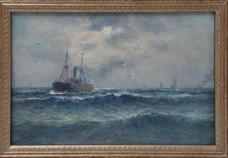 Painting by Romain Steppe with steamboat and sailing ships on rough sea, Belgian coast.