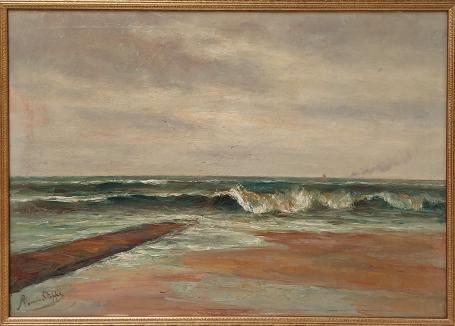 Romain Steppe met een schilderij van de Noordzee