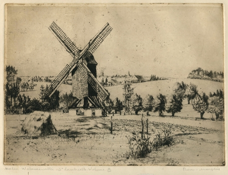 Belgische etser R. Malfliet met een ets van Woluwevallei