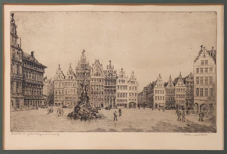 Belgische etser R. Malfliet met een ets in kader