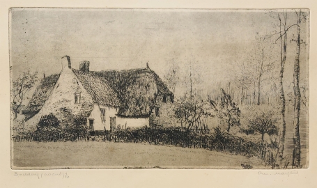 Belgische etser R. Malfliet met een zicht op een boerderij
