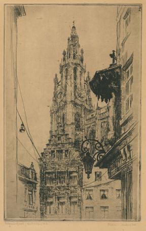 Belgische etser R. Malfliet met een Antwerpse ets