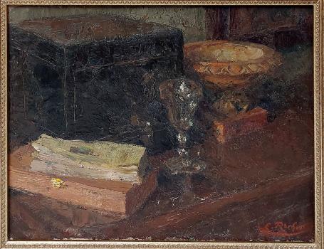 De Belgische kunstschilder Ernest Rocher met een schilderij op paneel