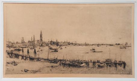 Belgische etser R. Malfliet met een ets van Antwerpen