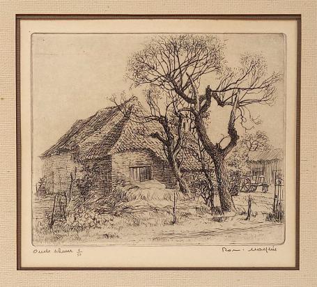 Belgische etser R. Malfliet met een klein kunstwerkje