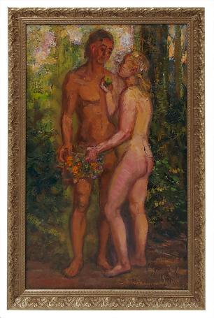 Adam en Eva naakt in het paradijs met de appel.