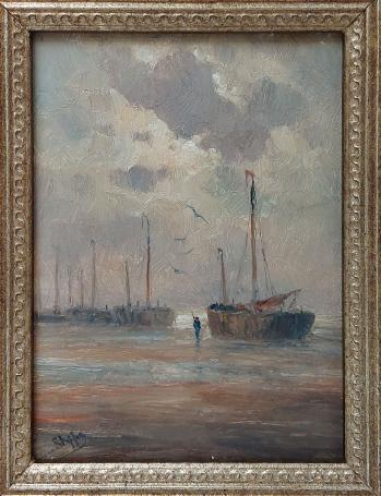 Romain Steppe met een schilderij op paneel
