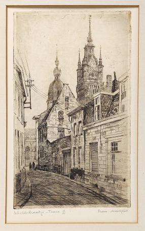 Belgische etser R. Malfliet met een ets van Temse