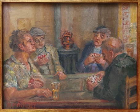 Belgische kunstenaar R. Malfliet met een schilderij