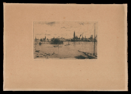 Belgische etser R. Malfliet met een ets Antwerpen