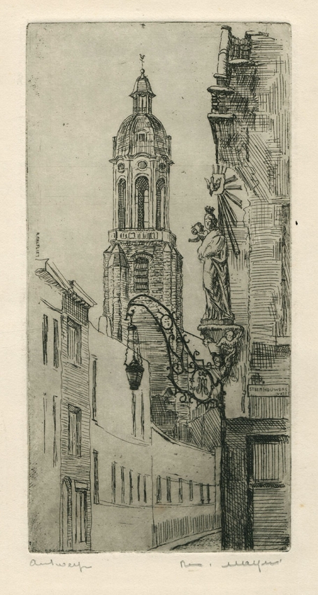 Belgische etser R. Malfliet met een ets van Antwerpen