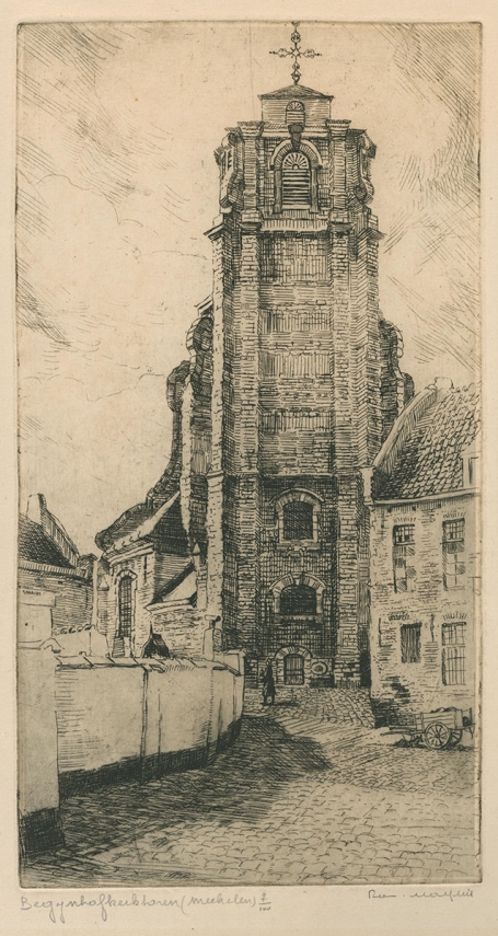 Belgische etser R. Malfliet met een ets van een kerktoren