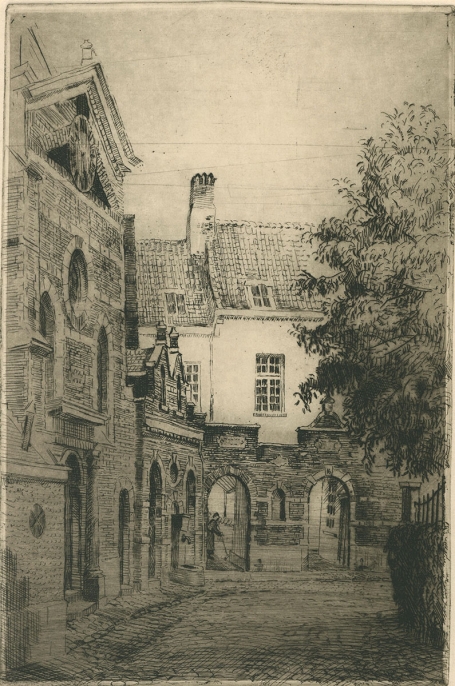 Belgische etser R. Malfliet met een stadsgezicht