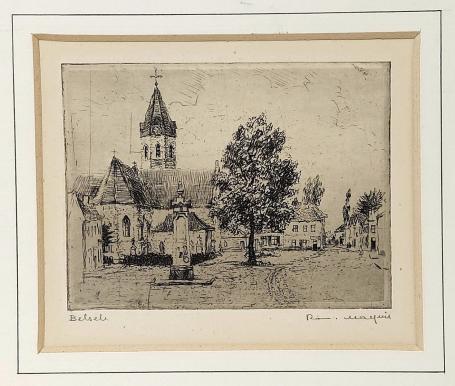 Belgische etser R. Malfliet met een ets van Belsele