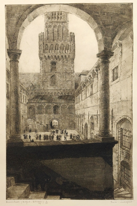 Belgische etser R. Malfliet met een ets van Brugge