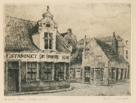 Belgische etser R. Malfliet met een ets van Lokeren