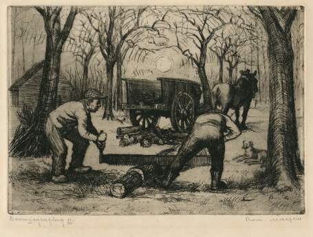 Belgische etser R. Malfliet met een ets van boomzagers