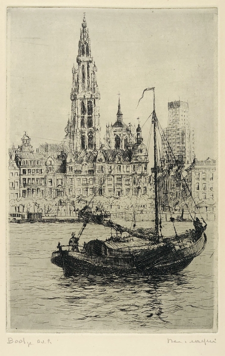 Belgische etser R. Malfliet, ets van de Schelde