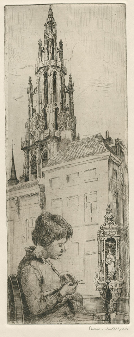 Belgische etser R. Malfliet met een grote ets