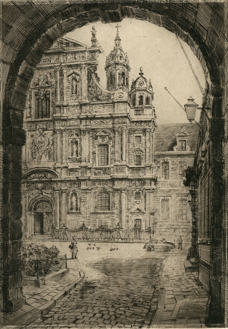 Belgische etser Romain Malfliet met een ets Carolus Boremeus kerk