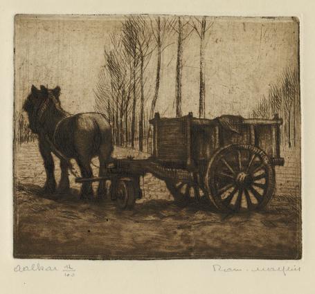 Belgische etser R. Malfliet met een ets van een aalkar