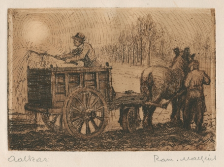Belgische etser R. Malfliet met een ets met paard en kar