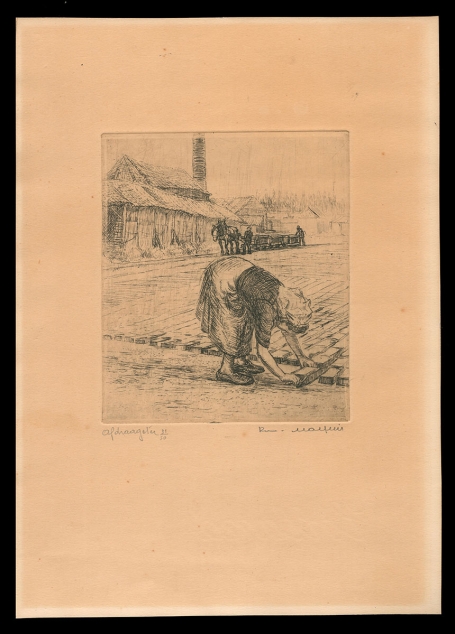 Belgische etser R. Malfliet met een grote ets van een oud beroep