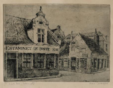 Belgische etser R. Malfliet met een ets van Lokeren