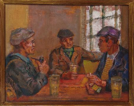 Belgische schilder R. Malfliet met een olieverfschilderij