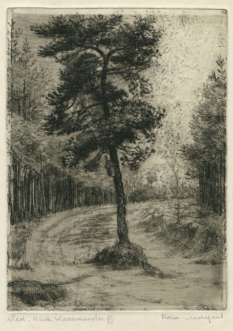 Belgische etser R. Malfliet met een ets van Waasmunster