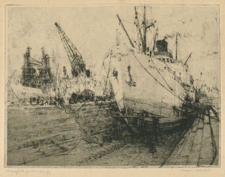 Belgische etser R. Malfliet met een ets van de haven