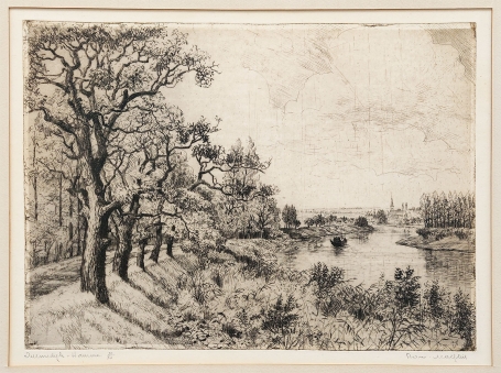 Belgische etser R. Malfliet met een ets van Hamme