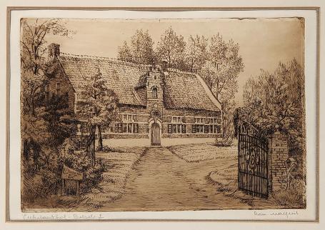 Belgische etser R. Malfliet met een ets van Belsele