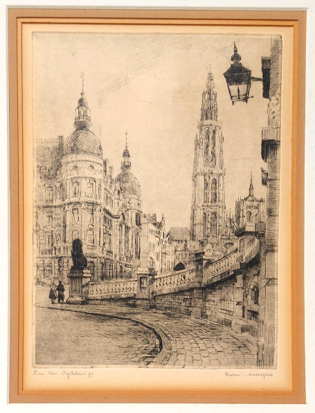 Belgische etser R. Malfliet met een ets van Antwerpen