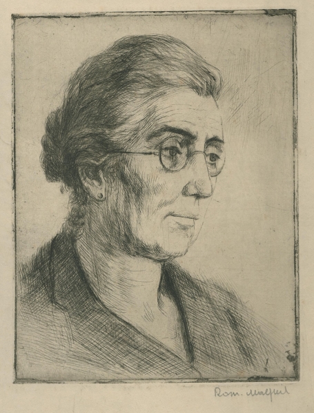 Belgische etser R. Malfliet met een ets van een dame