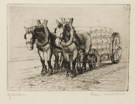 Belgische etser R. Malfliet met een ets van paarden
