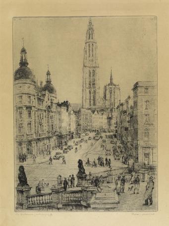 Belgische etser R. Malfliet met een ets van de Suikerrui